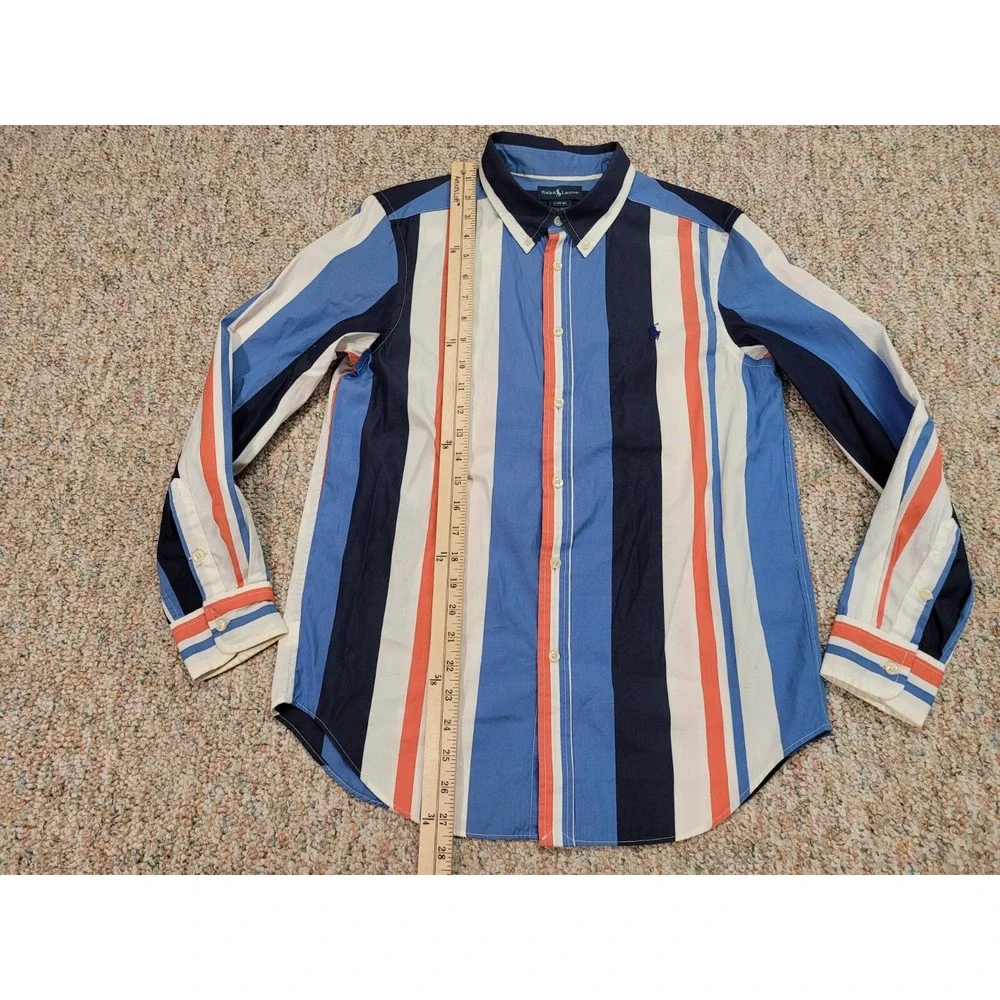 Ralph Lauren Striped Button Down Shirt Boys Large 14-16 Blue Orange Cotton